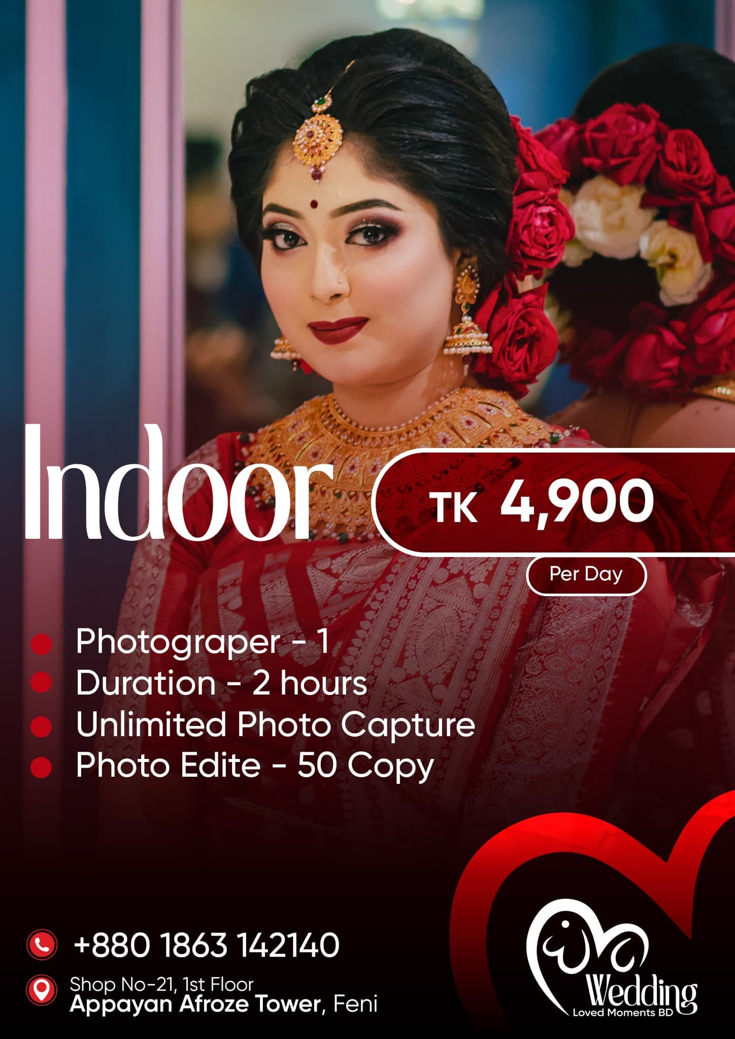 Indoor package — TK 4,900 per day. Full details printed on the image.