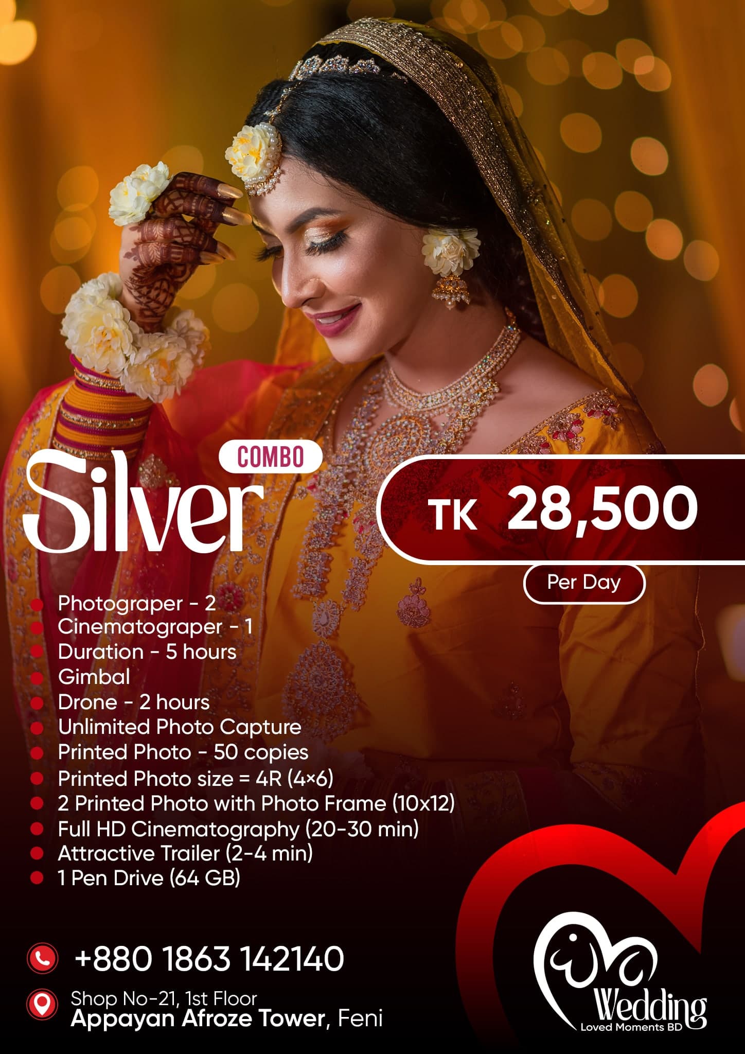 Silver Combo package — TK 28,500 per day. Full details printed on the image.